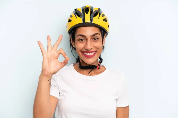 Hispanic Woman Feeling Happy Showing Approval Okay Gesture Bike Sport — Stock Photo, Image