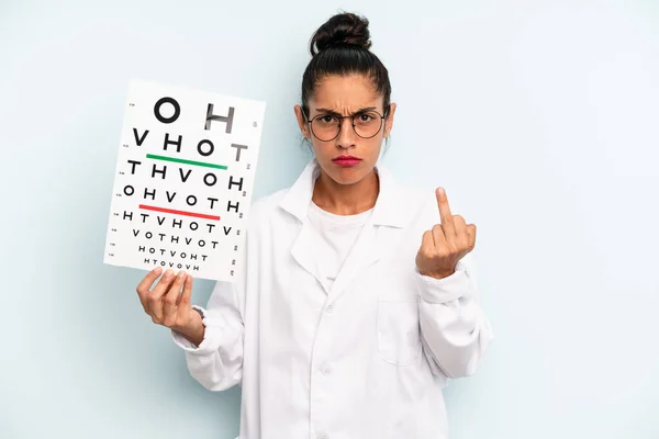 Hispanic Woman Feeling Angry Annoyed Rebellious Aggressive Optical Vision Test — Fotografia de Stock