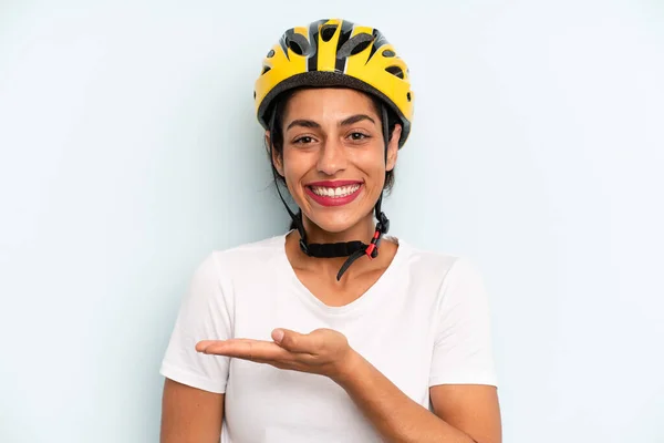 Hispanic Woman Smiling Cheerfully Feeling Happy Showing Concept Bike Sport — Foto de Stock