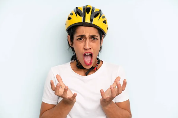 Hispanic Woman Looking Desperate Frustrated Stressed Bike Sport Concept — Stok fotoğraf