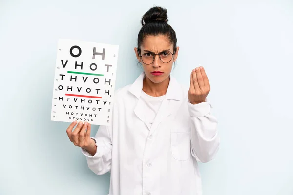 Hispanic Woman Making Capice Money Gesture Telling You Pay Optical — Fotografia de Stock