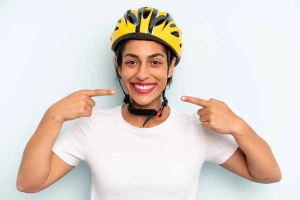 Hispanic Woman Smiling Confidently Pointing Own Broad Smile Bike Sport — Zdjęcie stockowe