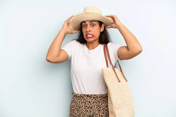 Hispanic Woman Feeling Stressed Anxious Scared Hands Head Summer Concept — Foto Stock