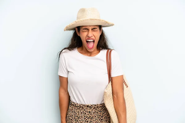 Hispanic Woman Shouting Aggressively Looking Very Angry Summer Concept — Fotografia de Stock