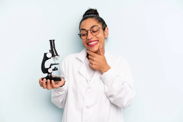 Hispanic Woman Smiling Happy Confident Expression Hand Chin Scients Student — Stockfoto