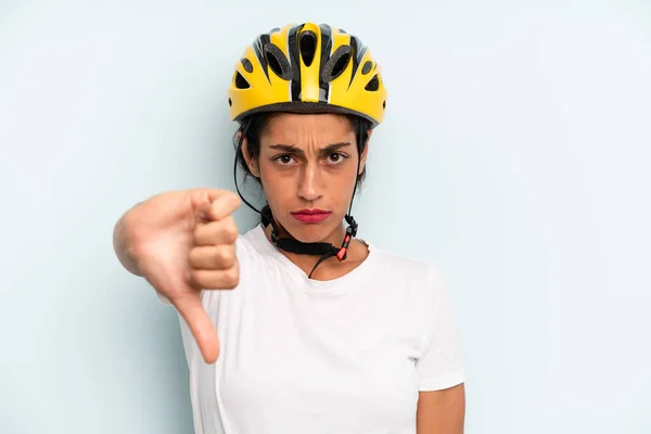 Hispanic Woman Feeling Cross Showing Thumbs Bike Sport Concept — Stockfoto