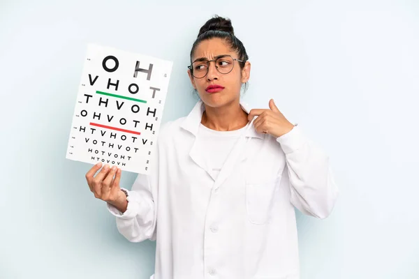 hispanic woman feeling stressed, anxious, tired and frustrated. optical vision test concept