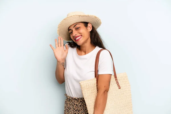 Hispanic Woman Smiling Happily Waving Hand Welcoming Greeting You Summer — Stok fotoğraf