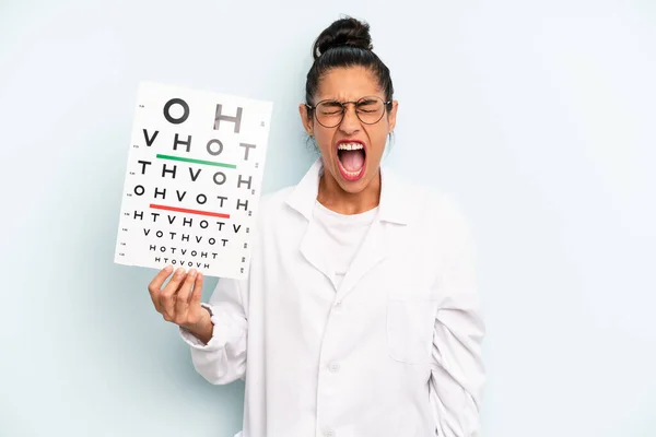 Hispanic Woman Shouting Aggressively Looking Very Angry Optical Vision Test — Fotografia de Stock