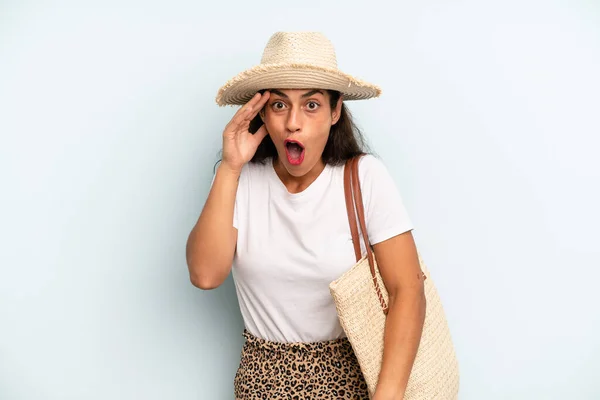 Hispanic Woman Looking Happy Astonished Surprised Summer Concept — Foto Stock
