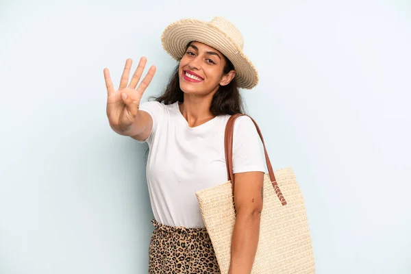 Hispanic Woman Smiling Looking Friendly Showing Number Four Summer Concept — Fotografia de Stock