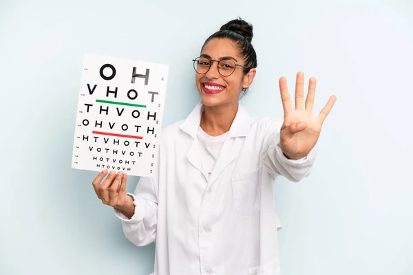 Hispanic Woman Smiling Looking Friendly Showing Number Four Optical Vision — Stok fotoğraf