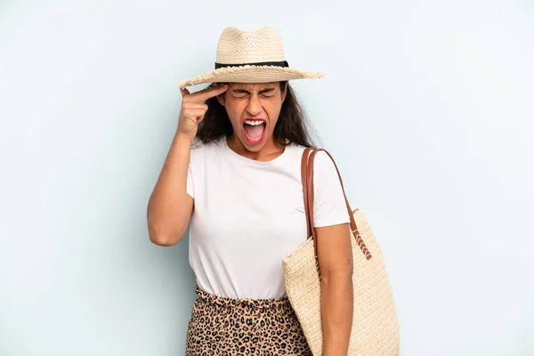 Hispanic Woman Looking Unhappy Stressed Suicide Gesture Making Gun Sign — Stok fotoğraf