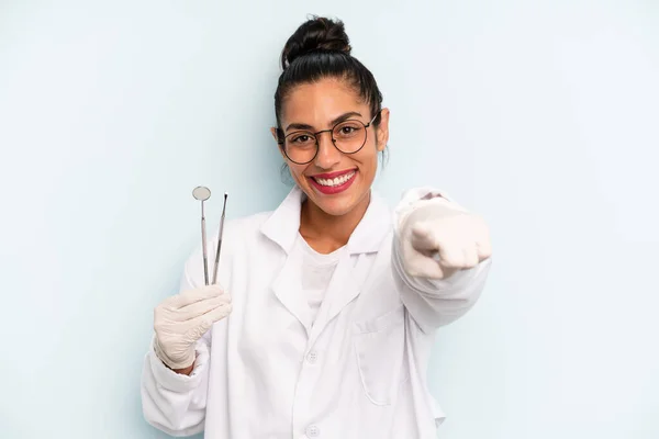 Hispanic Woman Pointing Camera Choosing You Dentist Concept — Stock Photo, Image