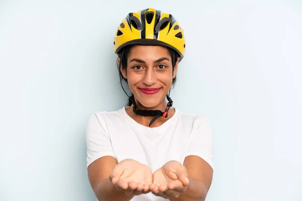 Hispanic Woman Smiling Happily Friendly Offering Showing Concept Bike Sport — Stock fotografie