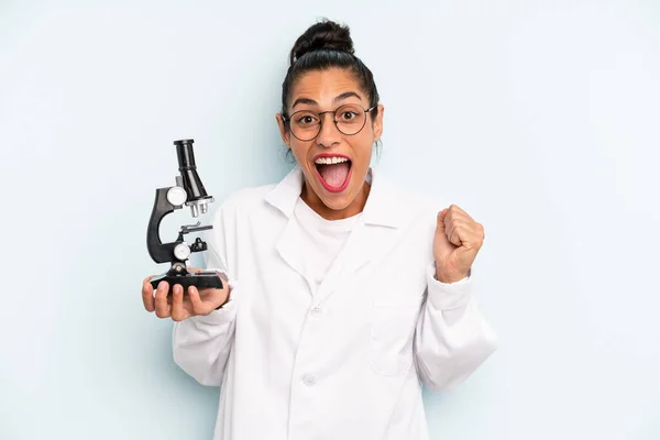 Hispanic Woman Feeling Shocked Laughing Celebrating Success Scients Student — Stock Fotó