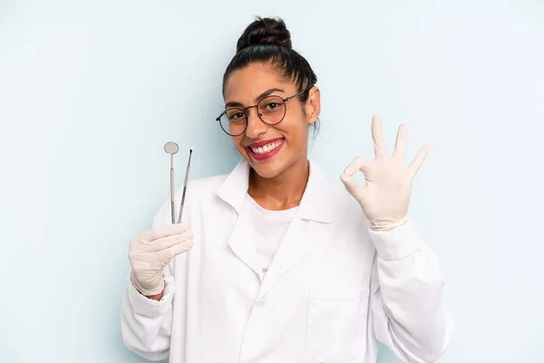 Hispanic Woman Feeling Happy Showing Approval Okay Gesture Dentist Concept —  Fotos de Stock