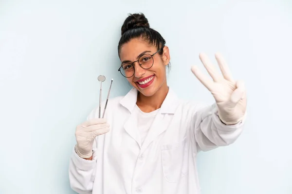 Hispanic Woman Smiling Looking Friendly Showing Number Three Dentist Concept —  Fotos de Stock