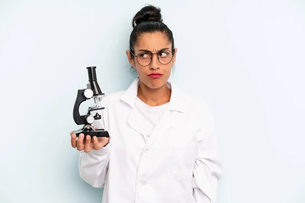 Hispanic Woman Feeling Sad Upset Angry Looking Side Scients Student — Stock Photo, Image