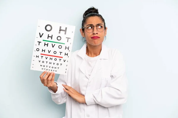 Hispanic Woman Shrugging Feeling Confused Uncertain Optical Vision Test Concept — Stok fotoğraf