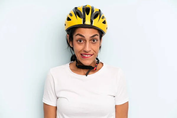 Hispanic Woman Looking Puzzled Confused Bike Sport Concept — Stock fotografie