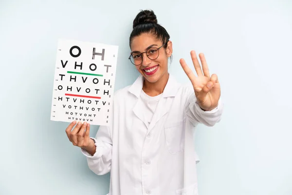 Hispanic Woman Smiling Looking Friendly Showing Number Three Optical Vision — Fotografia de Stock