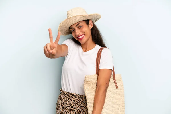 Hispanic Woman Smiling Looking Happy Gesturing Victory Peace Summer Concept — Stok fotoğraf