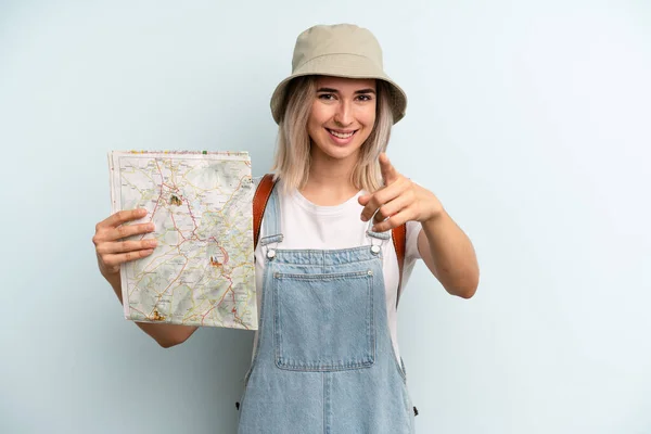 Blonde Woman Pointing Camera Choosing You Tourist Map Concept — Zdjęcie stockowe