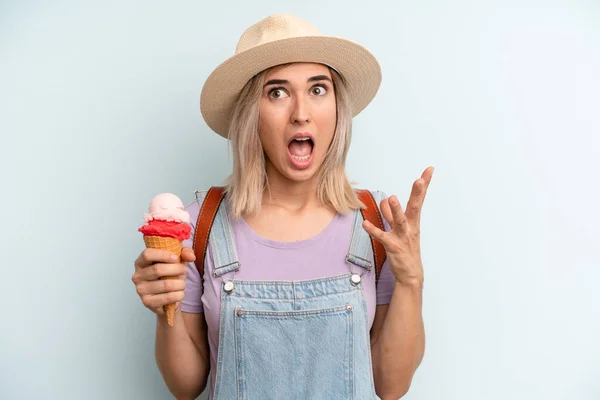 Blonde Woman Screaming Hands Air Ice Cream Summer Concept — 스톡 사진