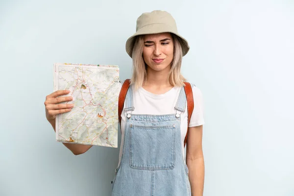 Blonde Woman Feeling Sad Upset Angry Looking Side Tourist Map — Photo