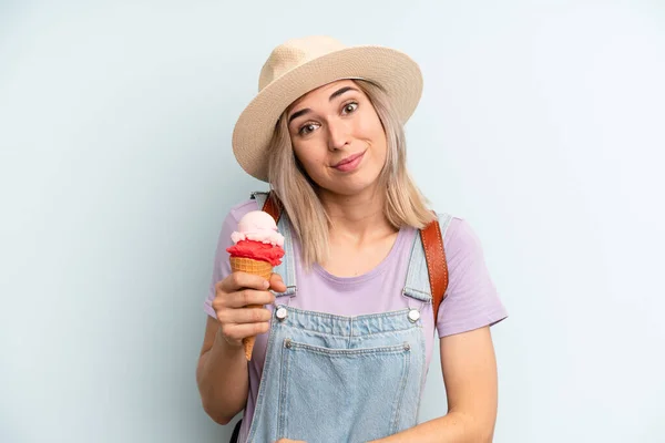 Blonde Woman Shrugging Feeling Confused Uncertain Ice Cream Summer Concept — Stock Photo, Image