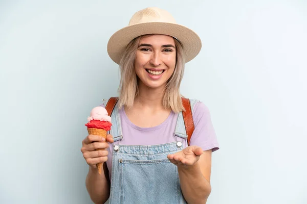 Blonde Woman Smiling Happily Friendly Offering Showing Concept Ice Cream — Stock Photo, Image