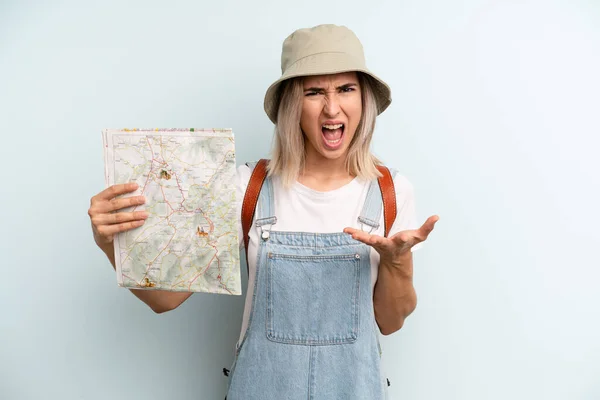 Blonde Woman Looking Angry Annoyed Frustrated Tourist Map Concept — Zdjęcie stockowe