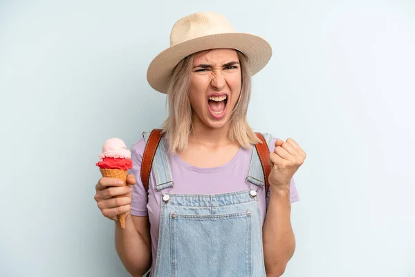 Blonde Woman Shouting Aggressively Angry Expression Ice Cream Summer Concept — Foto Stock