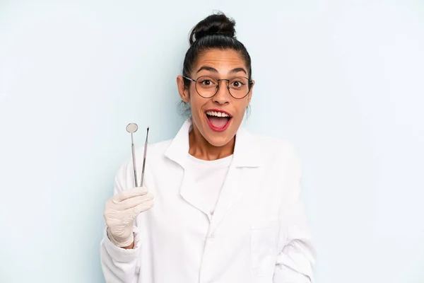 Hispanic Woman Looking Happy Pleasantly Surprised Dentist Concept — Stock Photo, Image