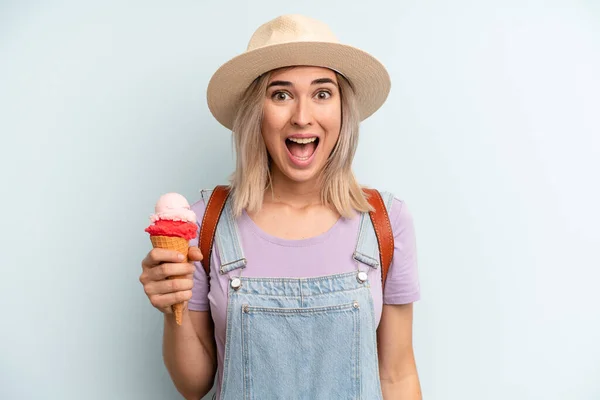 Blonde Woman Looking Happy Pleasantly Surprised Ice Cream Summer Concept — 스톡 사진