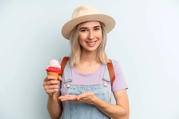 Blonde Woman Smiling Cheerfully Feeling Happy Showing Concept Ice Cream — Stock Photo, Image