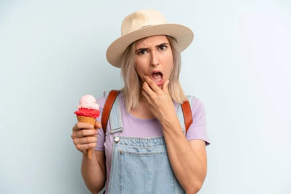 Blonde Woman Mouth Eyes Wide Open Hand Chin Ice Cream — 스톡 사진