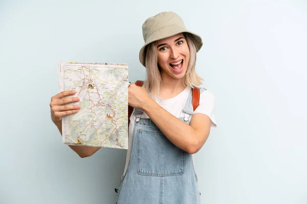 Blonde Woman Feeling Happy Facing Challenge Celebrating Tourist Map Concept — Photo