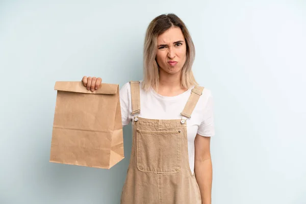 Blonde Woman Looking Puzzled Confused Take Away Delivery Concept — Zdjęcie stockowe