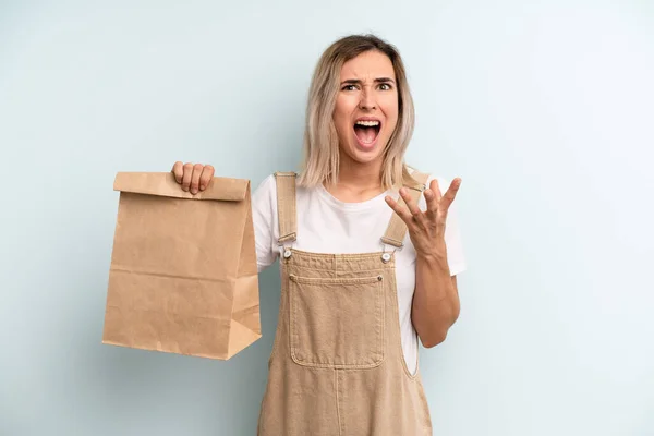 Blonde Woman Looking Desperate Frustrated Stressed Take Away Delivery Concept — Zdjęcie stockowe