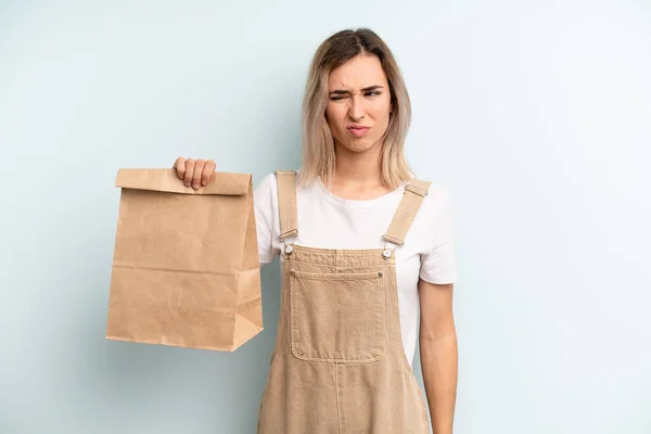 Blonde Woman Feeling Sad Upset Angry Looking Side Take Away — Stockfoto