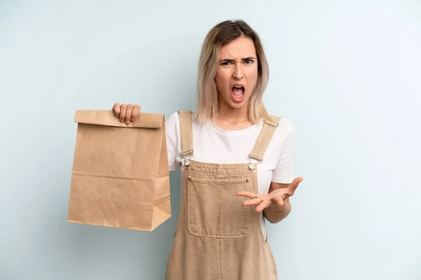 Blonde Woman Looking Angry Annoyed Frustrated Take Away Delivery Concept — Zdjęcie stockowe