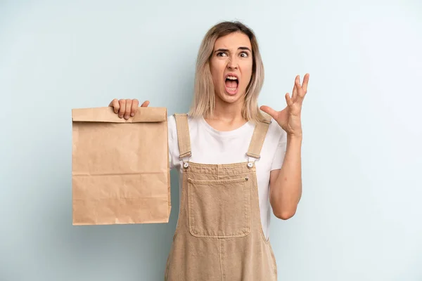 Blonde Woman Screaming Hands Air Take Away Delivery Concept — Fotografia de Stock