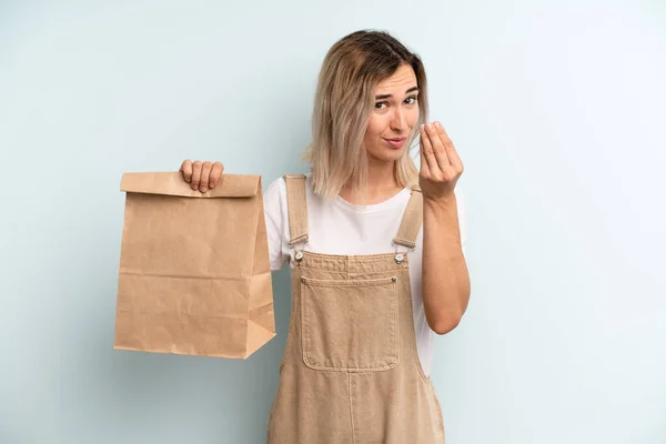 Blonde Woman Making Capice Money Gesture Telling You Pay Take — ストック写真