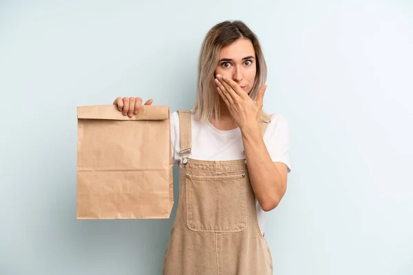 Blonde Woman Covering Mouth Hands Shocked Take Away Delivery Concept — Zdjęcie stockowe