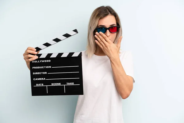 Blonde Woman Covering Mouth Hands Shocked Film Movie Concept — Fotografia de Stock