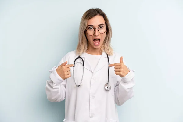 Blonde Woman Feeling Happy Pointing Self Excited Medicine Student Concept — Foto Stock