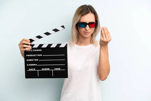 Blonde Woman Making Capice Money Gesture Telling You Pay Film — Foto de Stock