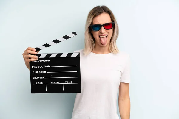 Blonde Woman Cheerful Rebellious Attitude Joking Sticking Tongue Out Film — Stockfoto